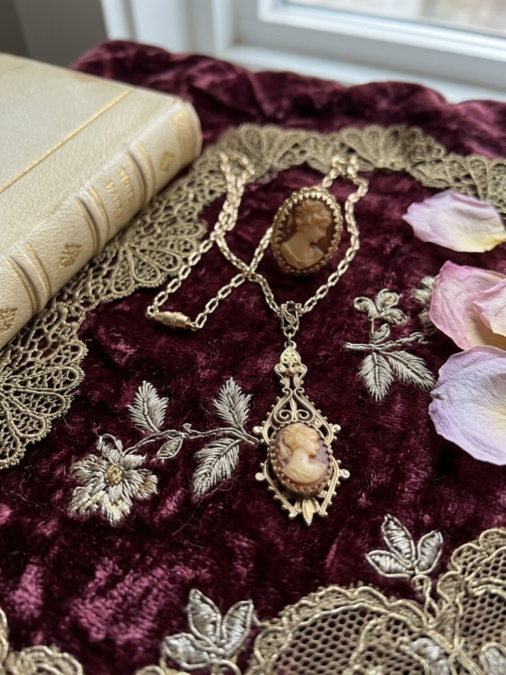 Vintage Classic Cameo Gold-Tone Oval Statement Ring and Pendant - Cream and Gold